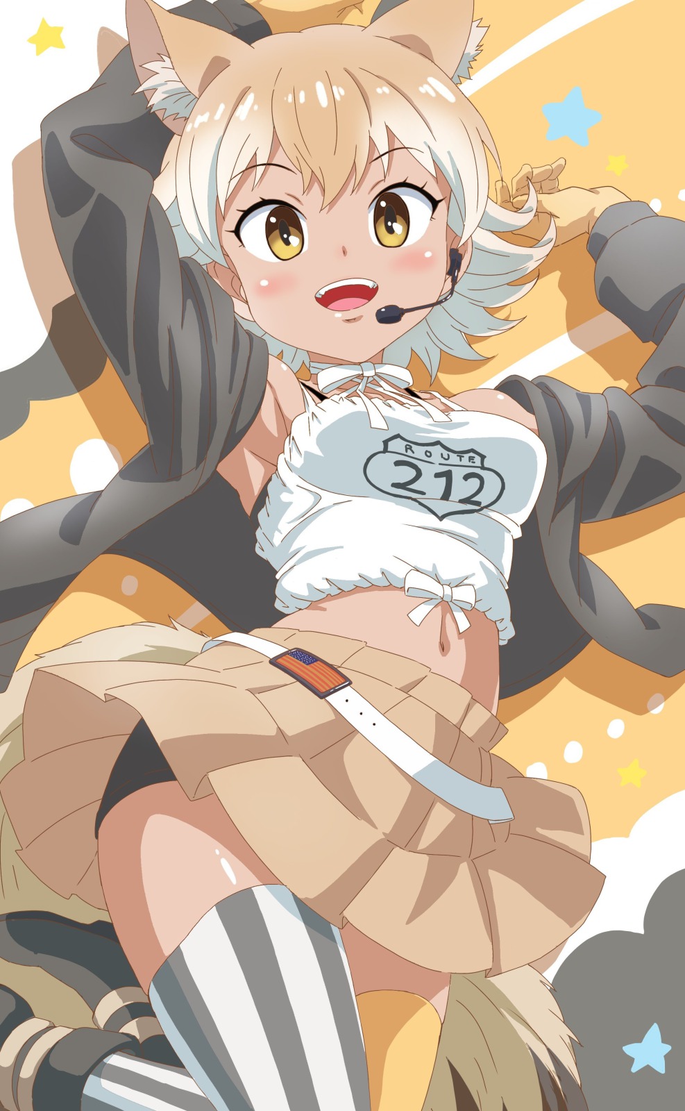 1girl american_flag animal_ears asymmetrical_legwear beige_skirt belt bike_shorts_under_skirt black_jacket black_thighhighs blonde_hair blush choker coyote_(kemono_friends) extra_ears highres jacket kemono_friends kemono_friends_v_project long_sleeves looking_at_viewer microphone midriff multicolored_hair navel official_alternate_costume open_clothes open_jacket pleated_skirt shirt short_hair skirt solo spaghetti_strap striped_clothes striped_thighhighs tail thighhighs two-tone_hair vertical-striped_clothes vertical-striped_thighhighs virtual_youtuber white_belt white_choker white_hair white_shirt white_thighhighs wolf_ears wolf_tail yamaguchi_yoshimi yellow_eyes yellow_thighhighs zettai_ryouiki
