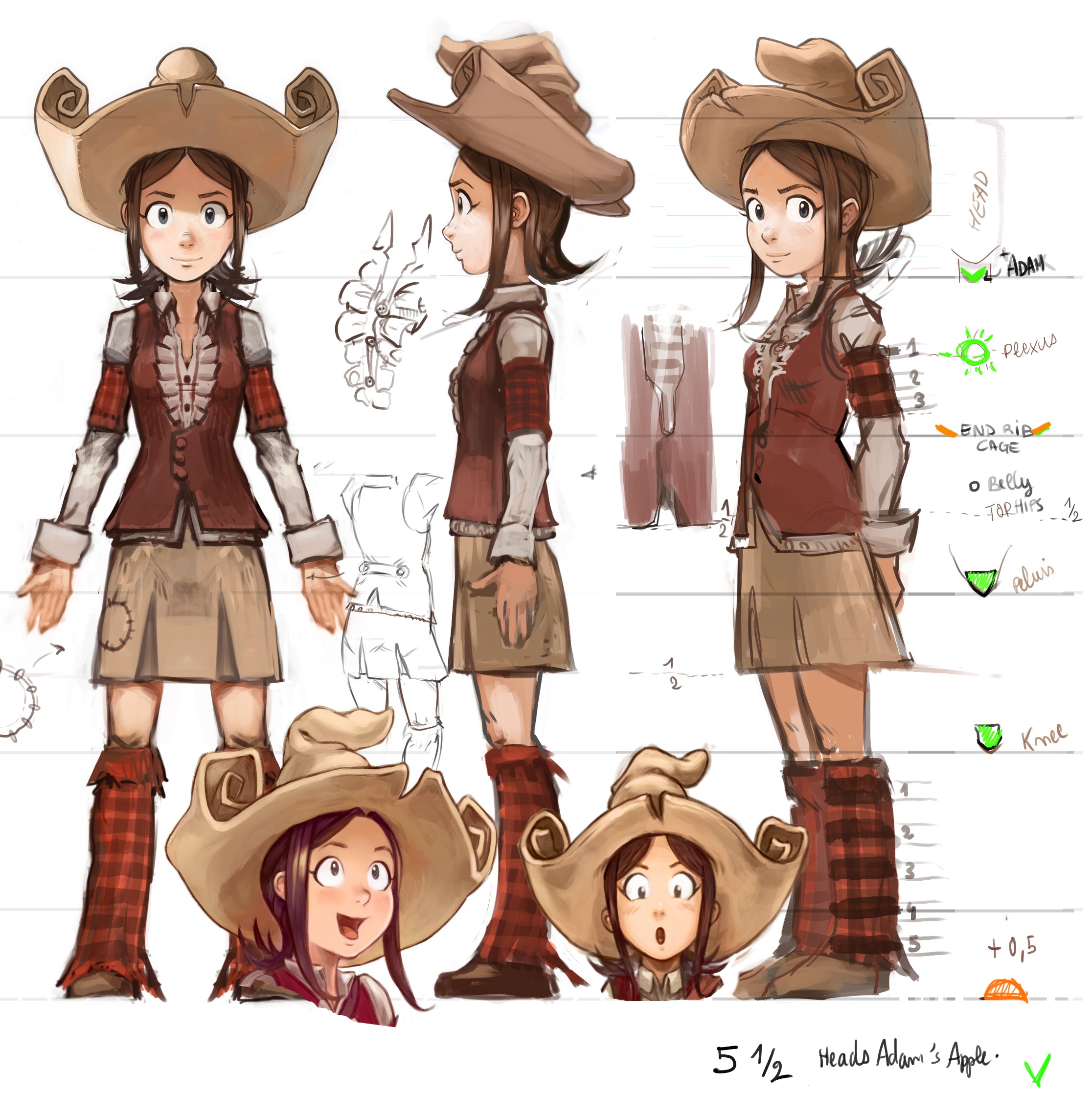 1girl armband arms_at_sides arms_behind_back arrow_(symbol) back_bow blue_eyes bow breasts brown_hair brown_shoes brown_skirt buttons center_frills checkered_armband checkered_clothes checkered_leg_warmers collared_shirt david_revoy english_text frilled_shirt frills from_side hair_behind_ear hat highres leg_warmers long_sleeves looking_at_viewer medium_hair multiple_persona multiple_views numbered open_mouth patch pepper&carrot pepper_(pepper&carrot) plus_sign red_armband red_leg_warmers red_vest reference_sheet shirt shoes sidelocks skirt smile solo standing vest white_shirt witch_hat
