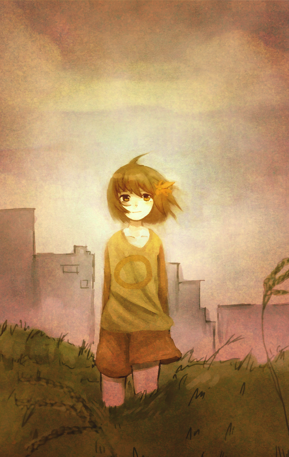 1girl brown_hair chie_(lcddem) collarbone female_focus grass highres kareido_(kaleidoscope) kik_(gonnsama) lcddem looking_at_viewer shorts smile solo standing wind