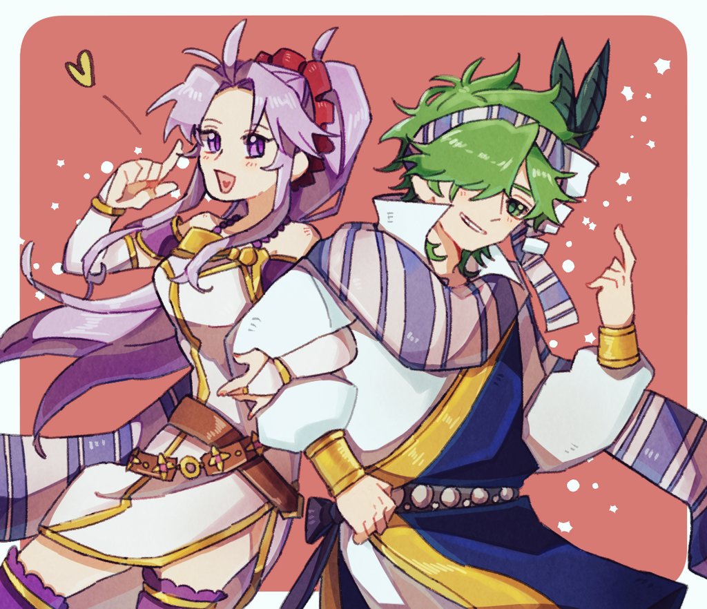 1boy 1girl :d antenna_hair belt blue_headscarf blue_robe blue_scarf border brown_belt collared_shirt cowboy_shot curtained_hair dress elbow_gloves feather_hair_ornament feathers fire_emblem fire_emblem:_genealogy_of_the_holy_war gloves gold_trim green_eyes green_hair grin hair_ornament hair_over_one_eye headscarf heart heart_in_mouth lewyn_(fire_emblem) light_blush locked_arms long_hair long_sleeves looking_at_viewer messy_hair neeeeeeega_2025 nintendo off-shoulder_dress off_shoulder one_eye_covered open_mouth outside_border parted_bangs pink_background pointing pointing_up ponytail popped_collar puffy_long_sleeves puffy_sleeves purple_eyes purple_hair purple_thighhighs robe scarf shirt short_hair side_slit sidelocks smile striped_clothes striped_headwear striped_scarf tailtiu_(fire_emblem) thighhighs very_long_hair white_border white_dress white_gloves white_headscarf white_scarf white_shirt zettai_ryouiki
