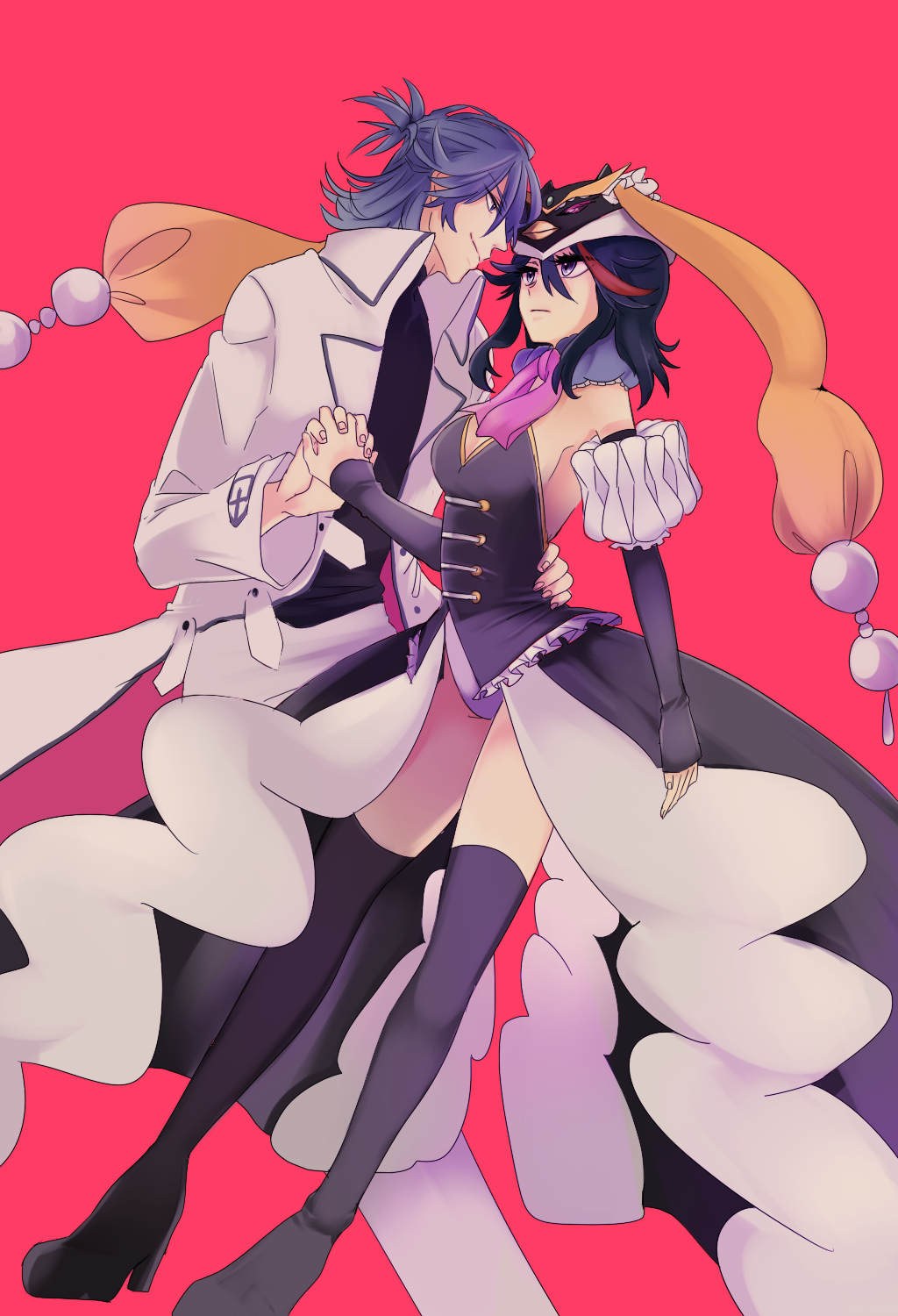 1boy 1girl 320_(romsen) bad_id bad_pixiv_id black_footwear black_hair black_thighhighs blue_eyes blue_hair boots breasts cosplay detached_collar detached_sleeves expressionless hat hetero highres holding_hands interlocked_fingers kill_la_kill matoi_ryuuko mawaru_penguindrum medium_breasts mikisugi_aikurou princess_of_the_crystal princess_of_the_crystal_(cosplay) puffy_sleeves red_background showgirl_skirt thigh_boots thighhighs watase_sanetoshi watase_sanetoshi_(cosplay)