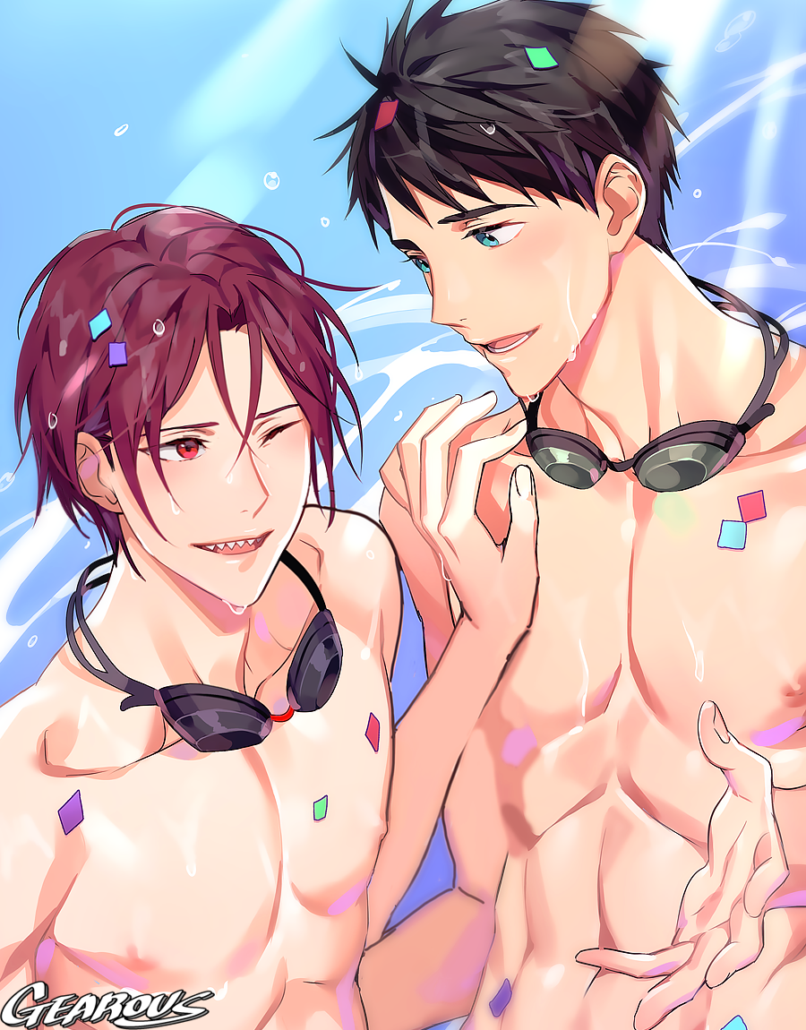 2boys abs artist_name black_hair confetti free! gearous goggles goggles_around_neck green_eyes looking_at_another male_focus male_swimwear matsuoka_rin multiple_boys nipples one_eye_closed open_mouth pectorals red_eyes red_hair sharp_teeth smile teeth toned toned_male topless_male upper_body water wet wet_hair yamazaki_sousuke yaoi