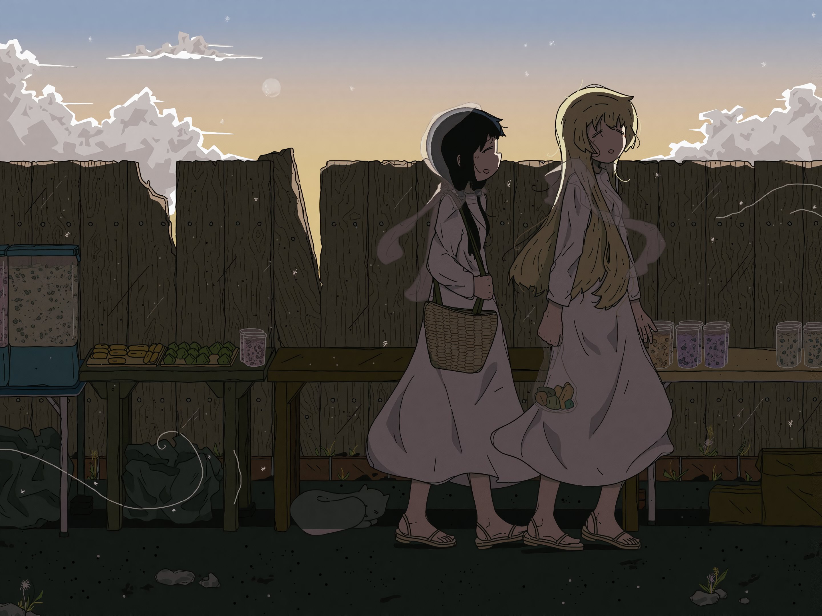 2girls backlighting bag basket black_hair blonde_hair box cardboard_box cat chito_(shoujo_shuumatsu_ryokou) cloud commentary cumulonimbus_cloud cup dress drinking_glass english_commentary fence food highres long_dress long_hair long_sleeves low_twintails multiple_girls parisetya sandals shoujo_shuumatsu_ryokou sunset table twintails walking white_dress wind yuuri_(shoujo_shuumatsu_ryokou)
