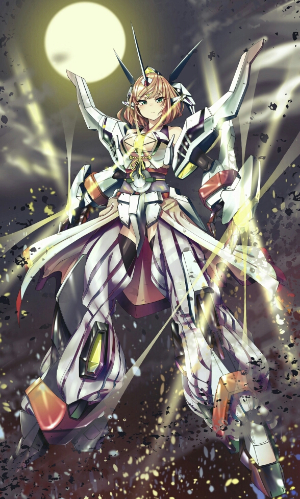 1girl bad_id bad_pixiv_id between_breasts breasts brown_hair glowing green_eyes hades_project_zeorymer large_breasts looking_at_viewer mecha_musume medium_hair moon open_hands personification scowl shinomu_(cinomoon) solo zeorymer