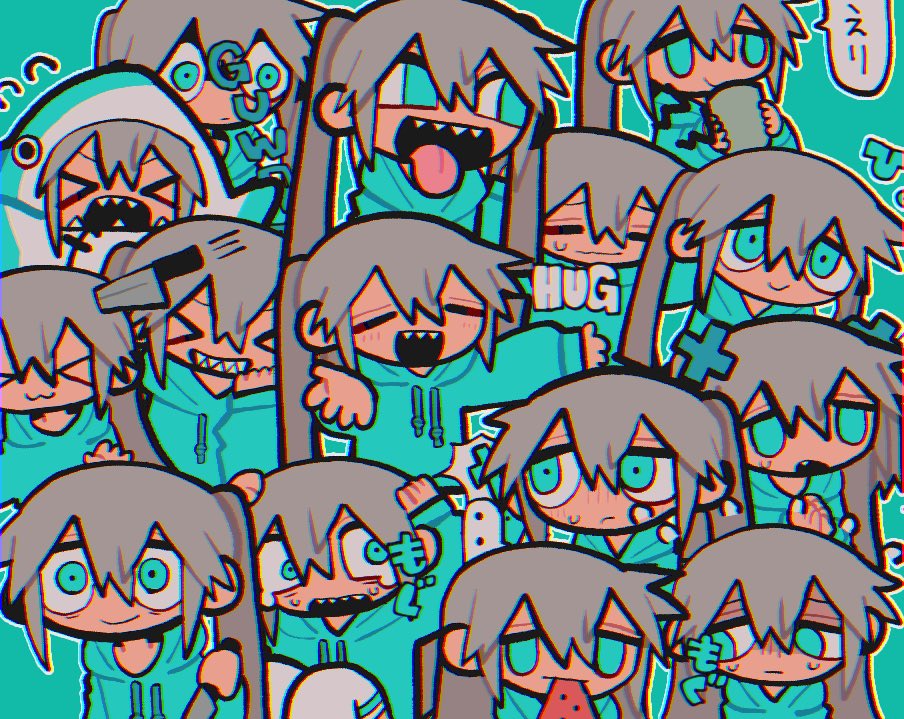 &gt;_&lt; =_= alternate_costume animal_costume aqua_background aqua_eyes aqua_hoodie chromatic_aberration closed_eyes closed_mouth coffee_mug cup empty_eyes english_text flying_sweatdrops food food_in_mouth fruit grey_hair hair_ornament holding holding_cup holding_food holding_fruit holding_knife holding_watermelon hood hood_down hoodie ichika-chan_(iiiichimaru_03) iiiichimaru_03 knife knife_in_head long_hair looking_to_the_side mug object_through_head open_mouth original outline shaded_face shark_costume sharp_teeth simple_background smile solo speech_bubble teeth thighhighs tongue tongue_out twintails variations watermelon white_outline white_thighhighs wide-eyed x_hair_ornament