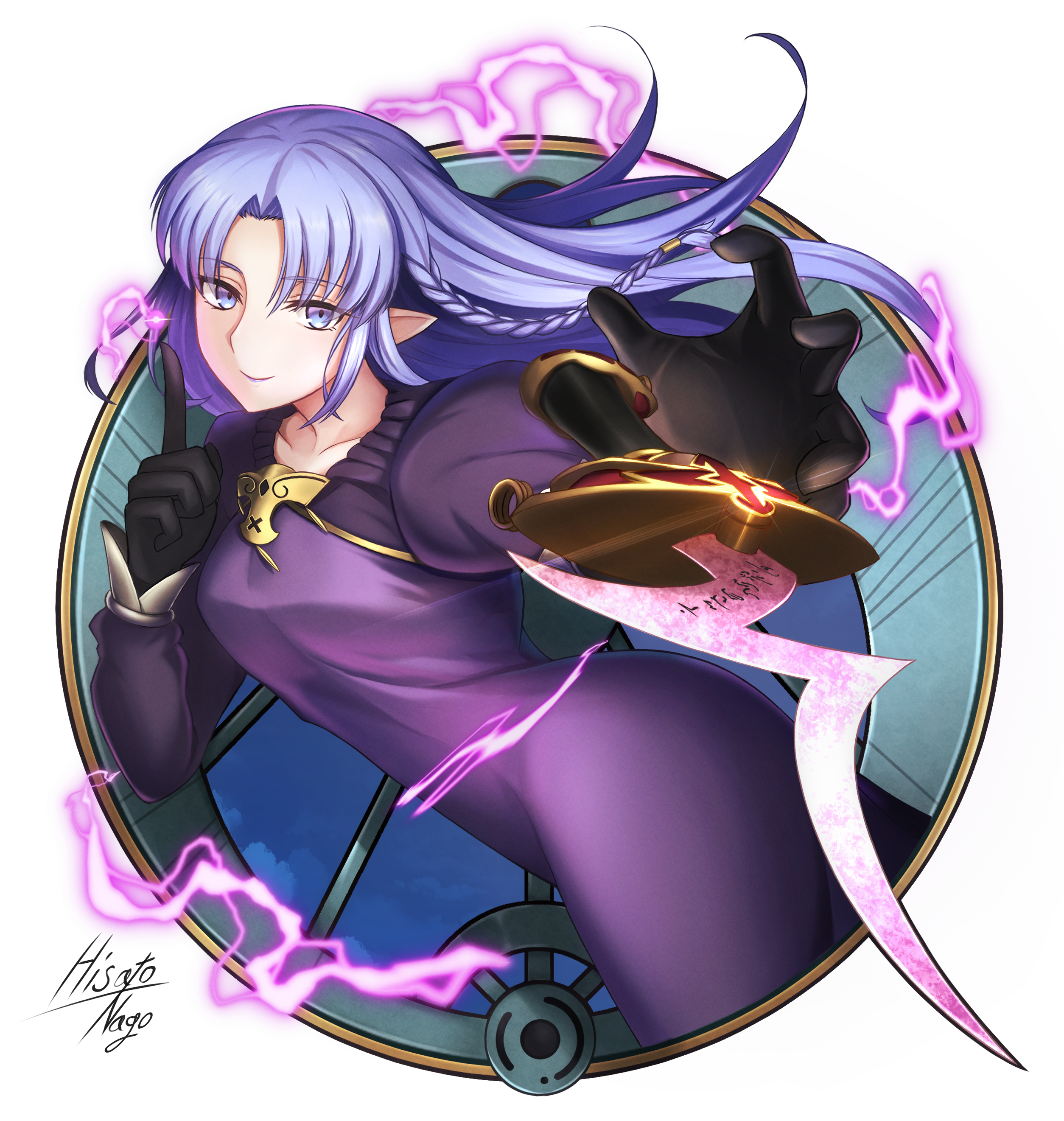 1girl absurdres black_gloves blue_eyes blue_hair braid dagger dress fate/stay_night fate_(series) gloves highres hisato_nago index_finger_raised knife long_hair medea_(caster)_(fate) medea_(fate) pointy_ears purple_dress rulebreaker side_braid signature smile weapon