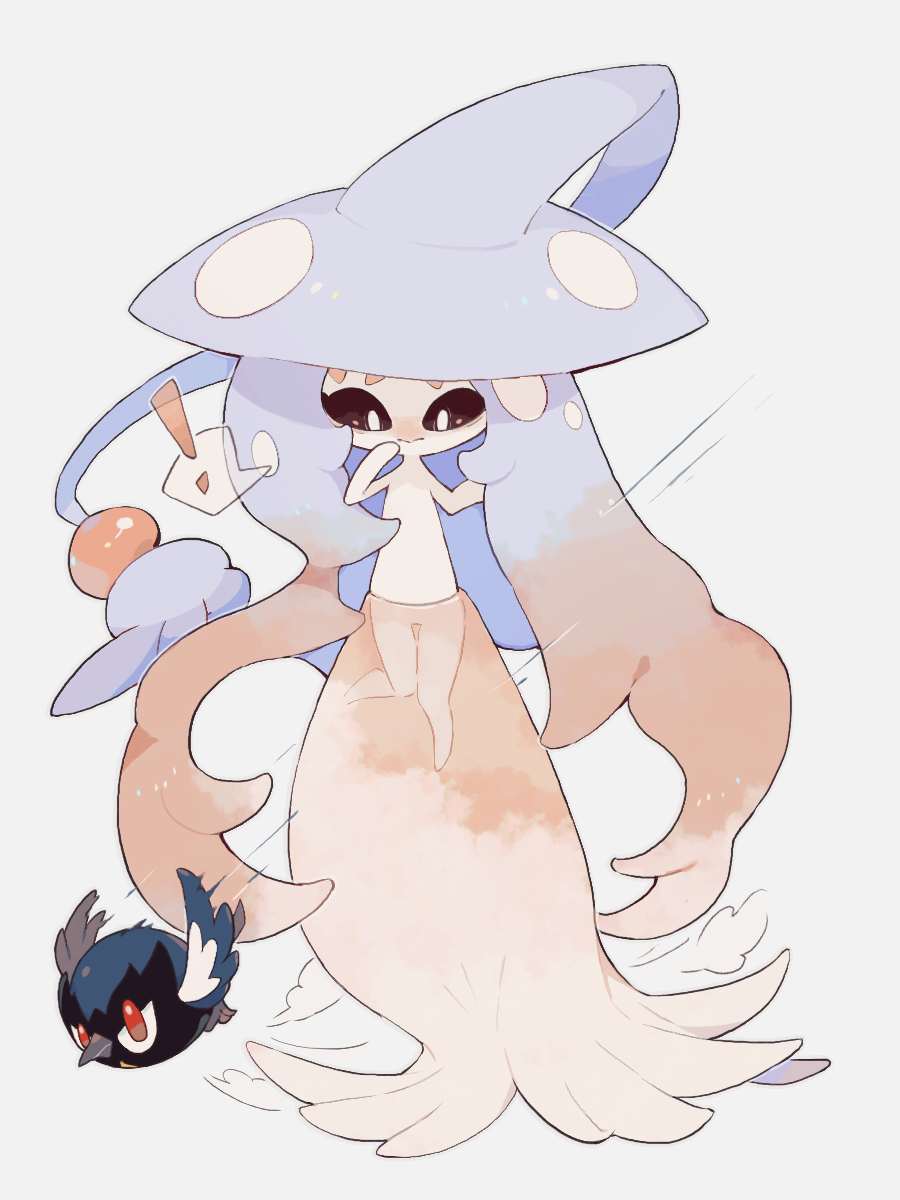 ! 1girl :&gt; absurdly_long_hair akadako bird black_sclera blue_hair blue_hat blush closed_mouth colored_sclera colored_skin embarrassed female_focus flat_chest flying full_body gen_8_pokemon gradient_hair grey_background grey_outline hand_to_own_mouth hands_up hat hatterene highres knees_together_feet_apart long_hair multicolored_hair nintendo no_feet nose_blush outline pink_hair pokemon pokemon_(creature) rookidee sidelocks simple_background solo_focus speech_bubble spoken_exclamation_mark standing straight-on translucent_hair two-tone_hair very_long_hair white_eyes white_skin wind wind_lift witch_hat