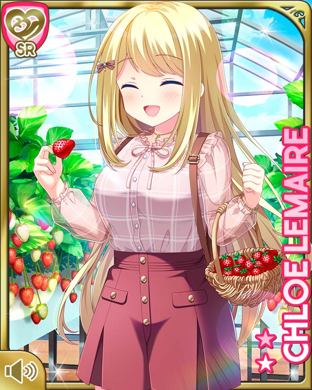 1girl :d basket blonde_hair blue_eyes card character_name chloe_lemaire closed_eyes day food fruit girlfriend_(kari) greenhouse indoors long_hair official_art open_mouth picking_fruit pink_shirt qp:flapper red_skirt see-through_clothes see-through_sleeves shirt skirt smile solo standing strawberry tagme