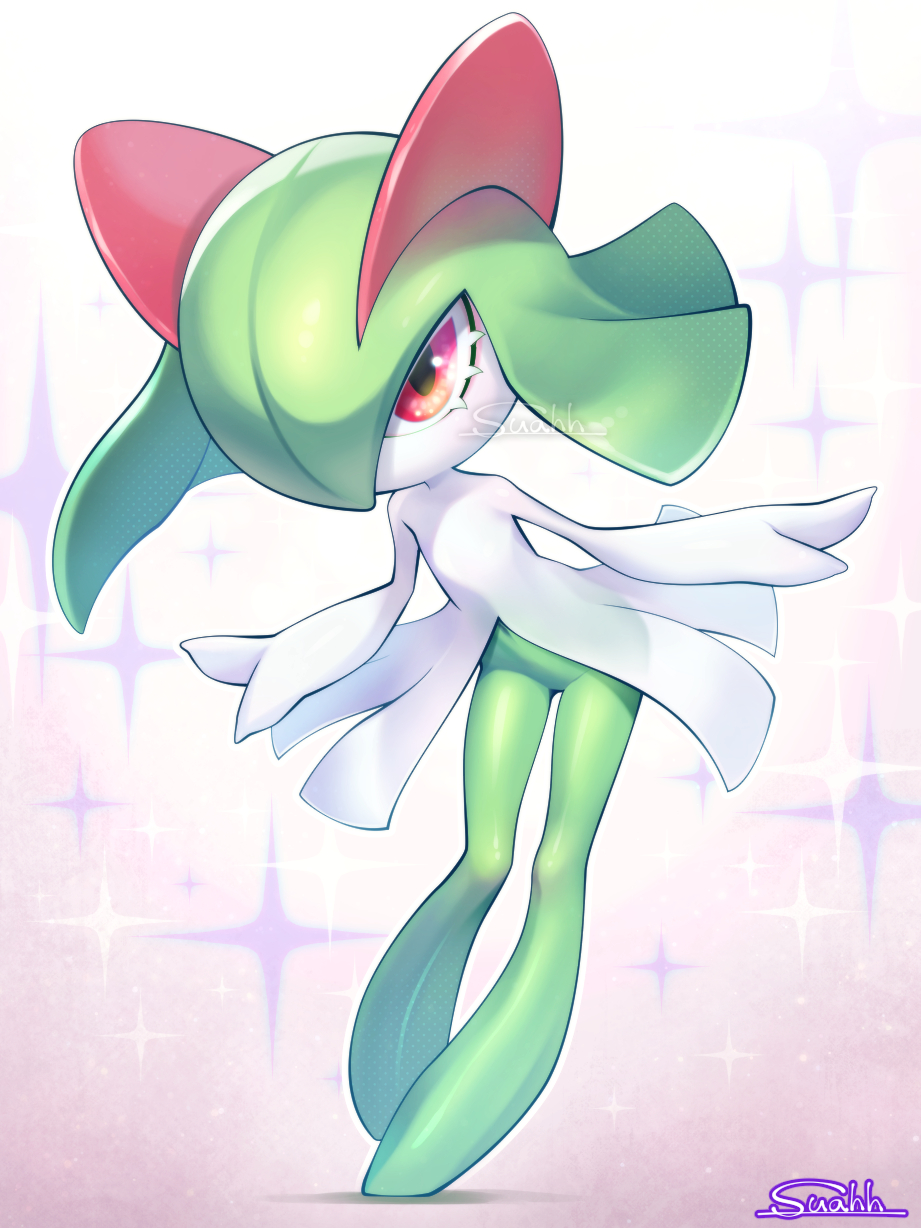 1girl artist_name colored_skin female_focus flat_chest full_body gen_3_pokemon green_hair green_skin groin hair_over_one_eye highres kirlia leaning_forward legs looking_at_viewer medium_hair multicolored_skin navel nintendo no_feet no_mouth one_eye_covered outline pokemon pokemon_(creature) red_eyes sidelocks signature solo sparkle standing standing_on_one_leg suahh thighs two-tone_skin white_skin