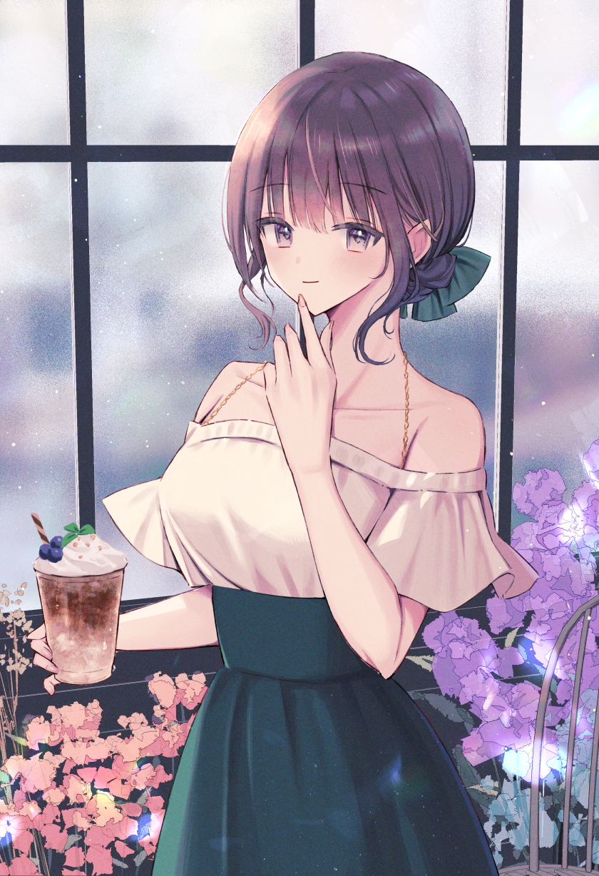 1girl aqua_bow aqua_skirt bare_shoulders black_hair blueberry blush bow breasts chain chair closed_mouth collarbone commentary_request cowboy_shot cup drink finger_to_own_chin fingernails flower food fruit gold_chain grey_eyes hand_up heart heart_in_eye high-waist_skirt highres holding holding_cup holding_drink ice_cream ice_cream_float indoors large_breasts light_particles looking_at_viewer mature_female nagidango nail_polish off-shoulder_shirt off_shoulder original pink_flower pink_nails purple_flower shirt shirt_tucked_in short_hair short_sleeves sidelocks skirt smile solo standing symbol_in_eye white_shirt window