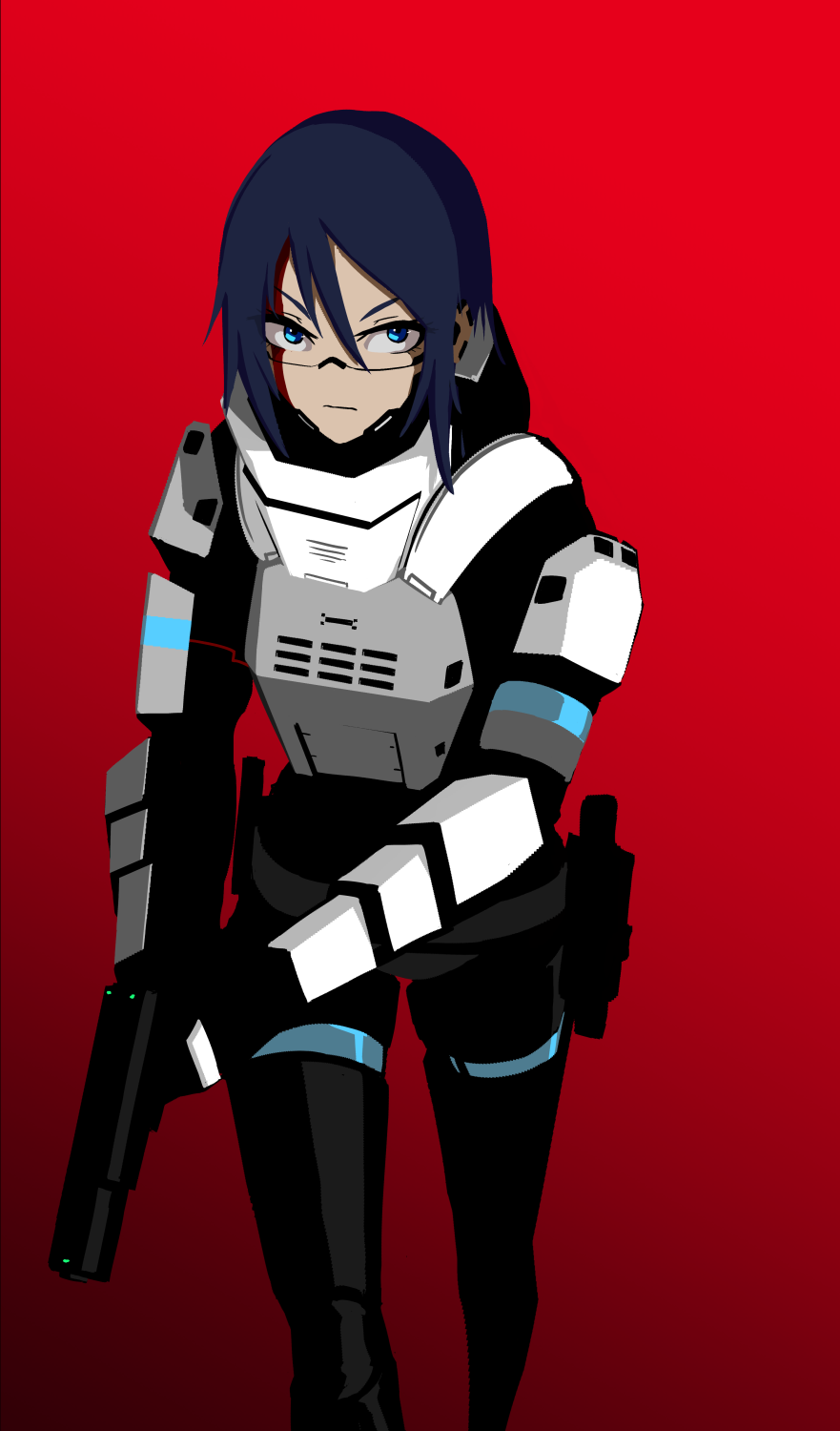 1girl android blue_eyes cz_75 elster_(signalis) gun handgun highres holding holding_gun holding_weapon long_hair metal_skin pistol red_background sate science_fiction signalis solo tagme two-handed two-handed_handgun_grip type-75_protektor weapon