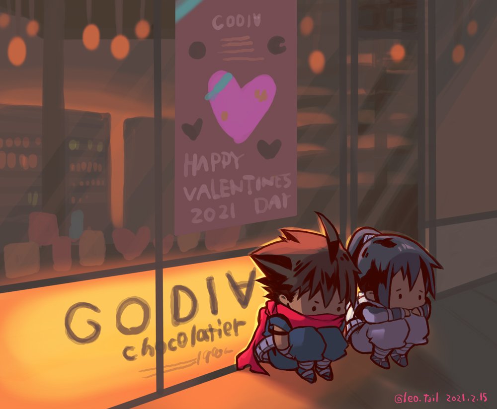 2boys ahoge blue_hair brown_hair chibi chibi_only dated godiva_chocolatier hair_between_eyes hands_on_own_knees happy_valentine holding_legs leo_tail long_hair male_focus mask mouth_mask multiple_boys ponytail red_mask red_scarf scarf short_hair sitting strider_(video_game) strider_hien strider_hiryuu twitter_username valentine