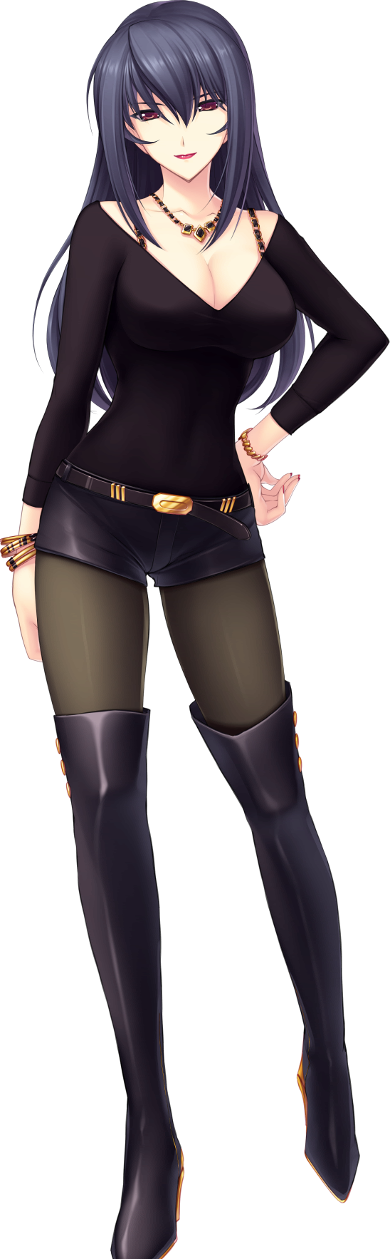 1girl belt black_boots black_shirt blouse boots bra breasts chalkboard cleavage covered_erect_nipples crop_top female_focus game_cg hair_between_eyes hand_on_own_hip high_heel_boots high_heels highres hip_focus kouzuki_mitsuko kouzuki_yuuko large_breasts lingerie long_hair midriff muv-luv muv-luv_alternative nail_polish pantyhose pantyhose_under_shorts pointer purple_eyes purple_hair shirt short_shorts shorts smile solo teacher thigh_boots thighhighs transparent_background underwear very_long_hair