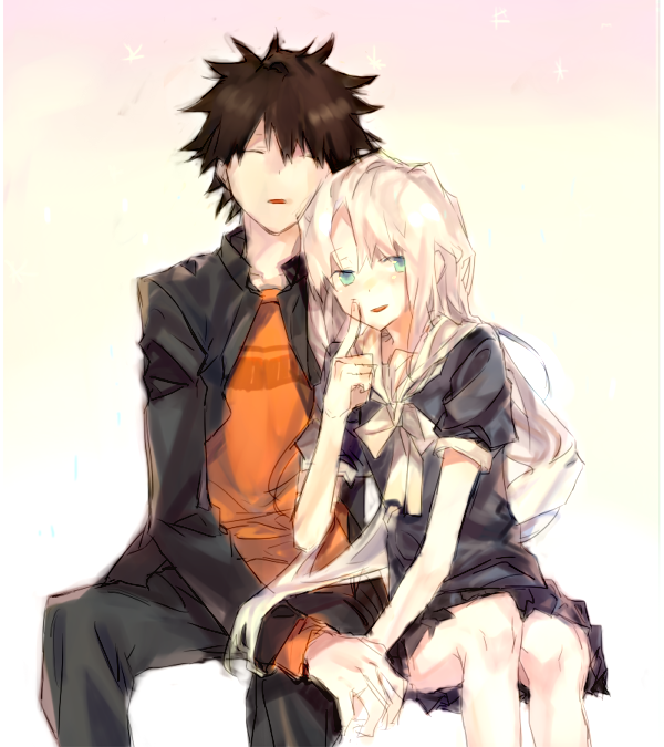 1boy 1girl aqua_eyes bad_id bad_pixiv_id black_hair blazer index_(toaru_majutsu_no_index) jacket kamijou_touma school_uniform serafuku sleeping spiked_hair toaru_majutsu_no_index uk1440 white_hair