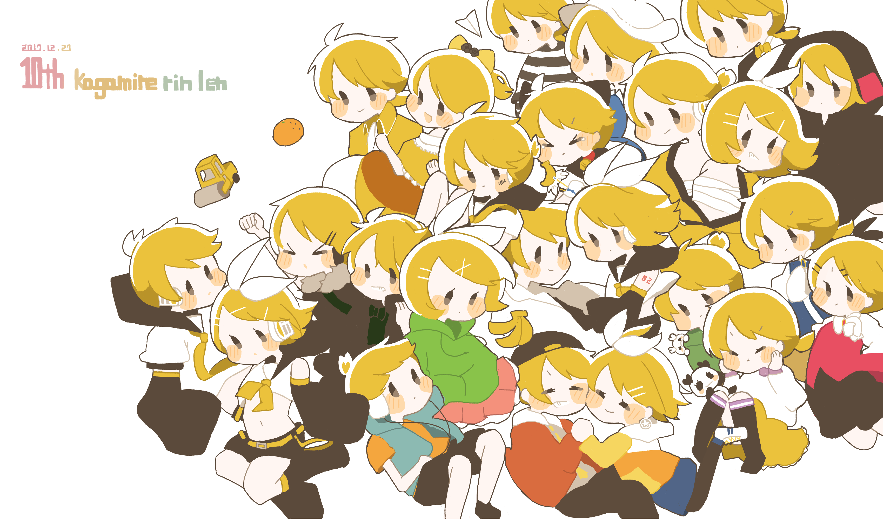 >_< 6+boys 6+girls absurdres aku_no_meshitsukai_(vocaloid) aku_no_musume_(vocaloid) allen_avadonia anniversary banana belt blonde_hair blush_stickers brother_and_sister closed_mouth creature dot_mouth evillious_nendaiki food fruit highres kagamine_len kagamine_len_(tricker) kagamine_rin kagamine_rin_(melancholy) kagamine_rin_(scissors) kumamaru_(honeyworks) melancholic_(vocaloid) multiple_boys multiple_girls multiple_persona off_shoulder orange_(fruit) panda panmy ponytail project_diva_(series) riliane_lucifen_d'autriche short_ponytail short_shorts shorts siblings steamroller suki_kirai_(vocaloid) tutuko vocaloid yellow_belt yumekui_shirokuro_baku_(vocaloid)