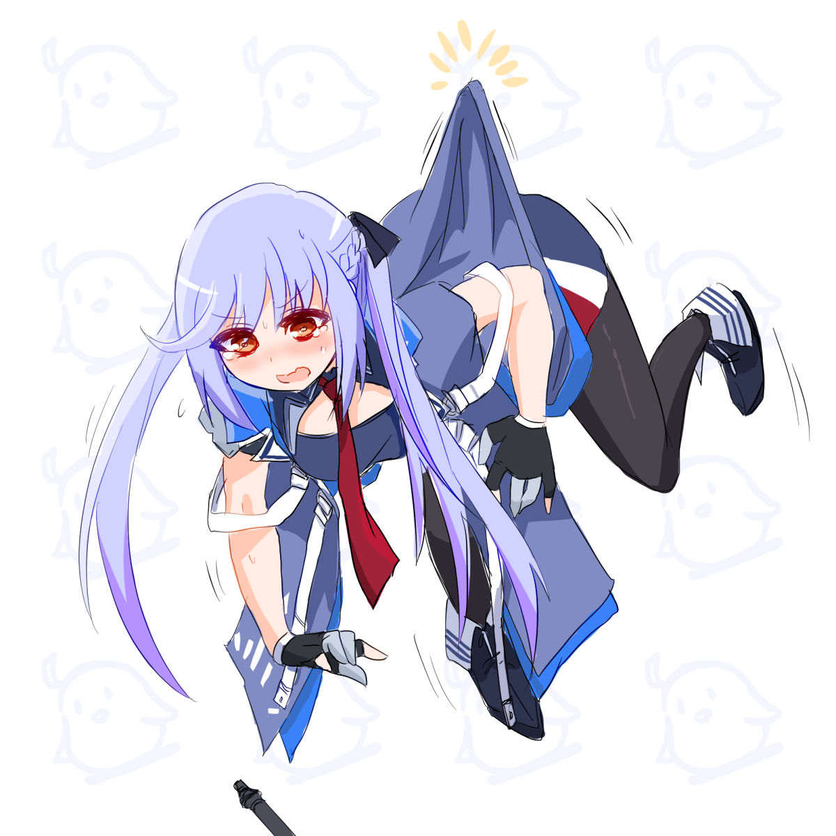 1girl azur_lane baby_animal bird black_pantyhose blue_cloak blue_eyes blue_jacket blue_skirt blush braid breasts chick cleavage cloak collared_jacket commentary_request crying crying_with_eyes_open essex_(azur_lane) floating gameplay_mechanics gloves highres jacket long_hair looking_down manjuu_(azur_lane) necktie open_mouth pantyhose partially_fingerless_gloves paskmel picking_up red_necktie simple_background skirt solo tears twintails yellow_eyes
