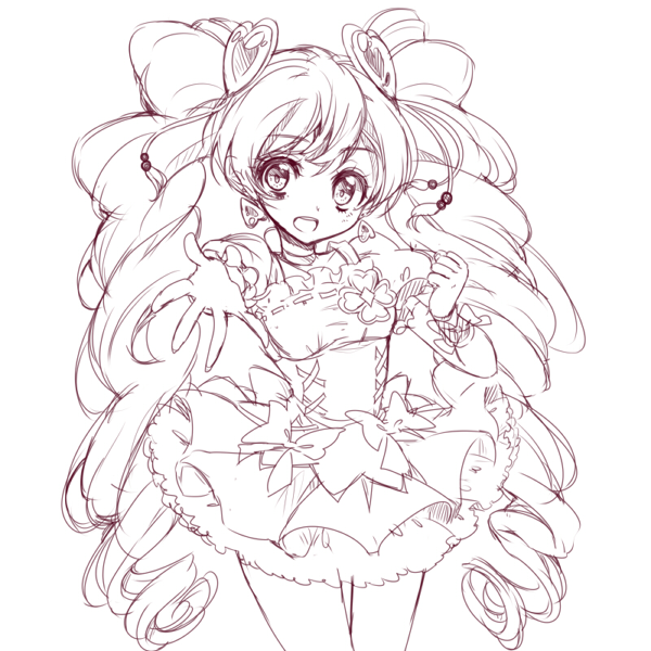 00s 1girl :d bow choker corset cowboy_shot cure_peach earrings female_focus fresh_precure! hair_ornament heart heart_earrings heart_hair_ornament jewelry lineart long_hair looking_at_viewer magical_girl momozono_love monochrome open_mouth outstretched_hand precure skirt smile solo twintails uzuki_aki wrist_cuffs