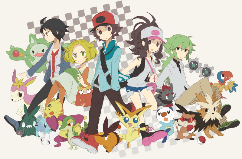 10s 2girls 3boys archen bad_id bad_pixiv_id baseball_cap bianca_(pokemon) black_hair blonde_hair brown_hair cheren_(pokemon) cubchoo darumaka deerling deerling_(spring) gen_5_pokemon glasses green_eyes green_hair hat herdier hilbert_(pokemon) hilda_(pokemon) klink legendary_pokemon mienfoo multiple_boys multiple_girls mythical_pokemon n_(pokemon) nintendo open_mouth oshawott pantyhose patrat poke_ball poke_ball_(basic) pokemon pokemon_(creature) pokemon_bw ponytail reuniclus short_hair shorts smile snivy starter_pokemon_trio tepig toco_(7037034) trubbish victini zorua