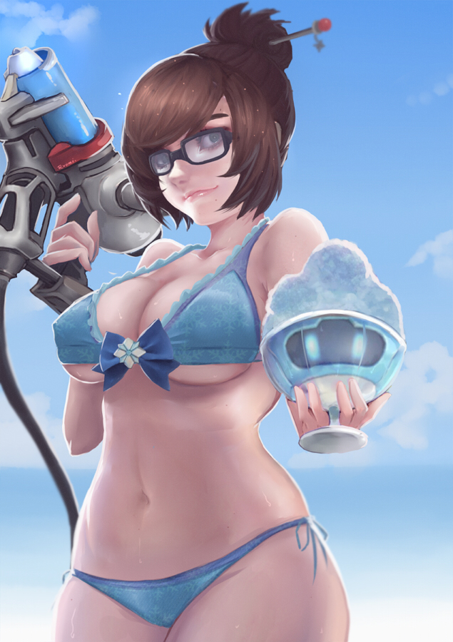 1girl bare_arms bare_shoulders bead bikini black-framed_eyewear blue_bikini blue_bow blue_sky bow bow_bikini bowl breasts brown_eyes brown_hair cleavage cloud cloudy_sky collarbone cowboy_shot day energy_gun eyelashes female_focus food glasses groin gun hair_bun hair_ornament hair_stick hands_up holding holding_bowl holding_gun holding_weapon large_breasts legs_together looking_at_viewer mei_(overwatch) mole mole_under_mouth navel outdoors overwatch overwatch_1 pink_lips ray_gun ryumi-gin shaved_ice short_hair side-tie_bikini_bottom sidelocks single_hair_bun sky smile snowball_(overwatch) snowflake_hair_ornament snowflake_print solo standing stomach swept_bangs swimsuit underboob weapon