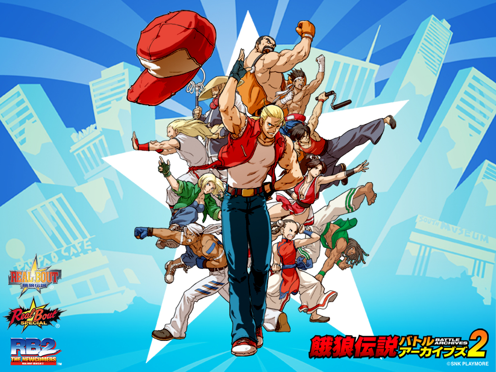 3girls 6+boys andy_bogard blonde_hair blue_eyes blue_mary bob_wilson brown_hair fatal_fury fatal_fury_cap fingerless_gloves franco_bash gloves holding holding_nunchaku holding_weapon hon_fu joe_higashi li_xiangfei mochizuki_sokaku multiple_boys multiple_girls nunchaku official_art ogura_eisuke ponytail real_bout_fatal_fury rick_strowd shiranui_mai sleeveless sleeveless_jacket snk terry_bogard the_king_of_fighters weapon white_hair