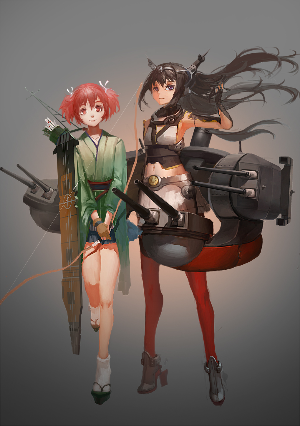 10s 2girls akemi_homura black_hair blackrabbitsoul boots bow_(weapon) cosplay fingerless_gloves geta gloves gradient_background grey_background hair_ribbon headgear highres japanese_clothes kaname_madoka kantai_collection long_hair mahou_shoujo_madoka_magica mahou_shoujo_madoka_magica_(anime) multiple_girls nagato_(kancolle) nagato_(kancolle)_(cosplay) pink_eyes pink_hair purple_eyes ribbon short_twintails socks souryuu_(kancolle) souryuu_(kancolle)_(cosplay) thighhighs twintails weapon