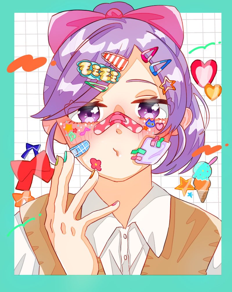 1girl bandaid bandaid_on_cheek bandaid_on_face bandaid_on_nose bow bow_print cardigan_vest cat_face_sticker finger_to_cheek flower_sticker food_print gauze gauze_on_cheek hair_bow hair_ornament hairclip heart heart_sticker high_ponytail ice_cream_print katou_poipoi kimi_no_koto_ga_dai_dai_dai_dai_daisuki_na_100-nin_no_kanojo momi_momiji multicolored_nails musical_note_sticker o3o pink_bow ponytail portrait purple_eyes purple_hair shirt solo star_sticker white_shirt