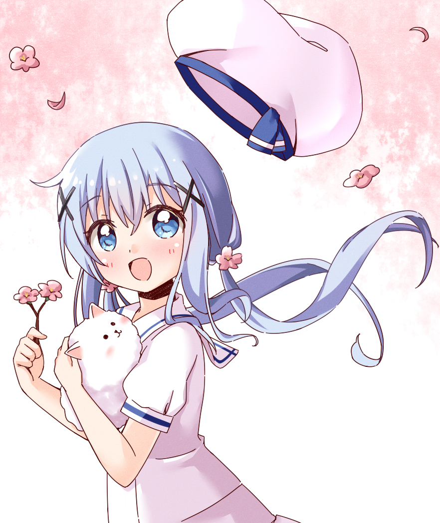 1girl :d angora_rabbit animal blue_eyes blue_hair blush flower gochuumon_wa_usagi_desu_ka? hair_ornament haru_(konomi_150) hashtag-only_commentary hat holding holding_animal holding_flower kafuu_chino long_hair looking_at_viewer open_mouth puffy_short_sleeves puffy_sleeves rabbit sailor_collar shirt short_sleeves smile solo tippy_(gochiusa) upper_body white_hat white_sailor_collar white_shirt x_hair_ornament