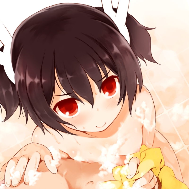 1boy 1girl black_hair breasts female_focus hair_ornament indoors kurasuke looking_at_viewer mixed-sex_bathing nipples nude original red_eyes shared_bathing short_hair short_twintails small_breasts smile soap_bubbles soapy solo towel twintails washing_back
