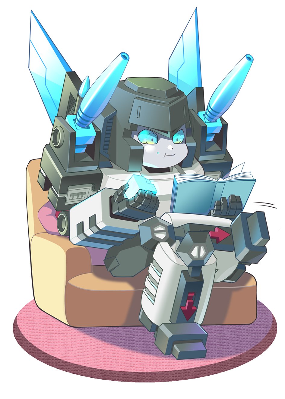 blue_eyes book couch crossed_legs energon helmet highres holding holding_book humanoid_robot lantana0_0 mecha megatron megatron_(shattered_glass) no_humans open_book reading robot science_fiction shoulder_cannon transformers transformers_shattered_glass