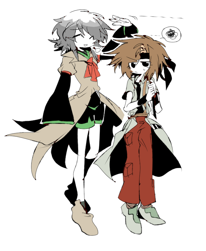 2others androgynous ascot black_eyes black_headband black_shirt black_shorts brown_coat brown_footwear brown_hair cargo_pants closed_eyes coat colored_skin commentary english_commentary full_body green_socks green_trim grey_coat grey_footwear grey_hair headband height_difference houlen_yabusame kurohebi len&#039;en ling_s long_sleeves medium_hair multiple_others no_nose open_clothes open_coat other_focus pants puffy_short_sleeves puffy_sleeves red_ascot red_pants shirt short_sleeves shorts simple_background sleeves_past_fingers sleeves_past_wrists smile socks sweat white_background white_skin