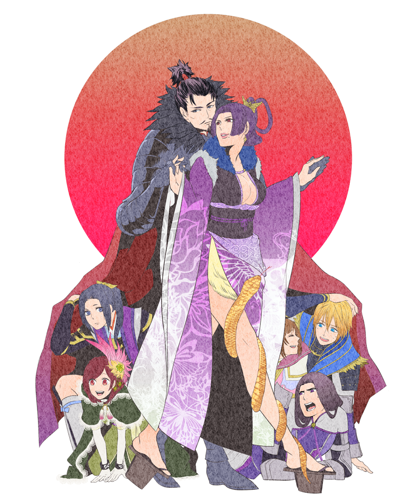 akechi_mitsuhide_(sengoku_musou) armor azai_nagamasa beard black_hair blonde_hair blue_eyes breasts brown_hair butterfly_hair_ornament cape cleavage closed_eyes facial_hair feather_hair_ornament fur_collar hair_ornament holding_hands hosokawa_gracia husband_and_wife japanese_clothes japanese_flag kimono large_breasts legs lips lipstick long_sleeves makeup mole mole_under_mouth mori_ranmaru mustache nouhime obi oda_nobunaga oichi oichi_(sengoku_musou) parted_bangs platform_sandals purple_eyes purple_hair red_eyes red_hair sandals sash sengoku_musou smile topknot