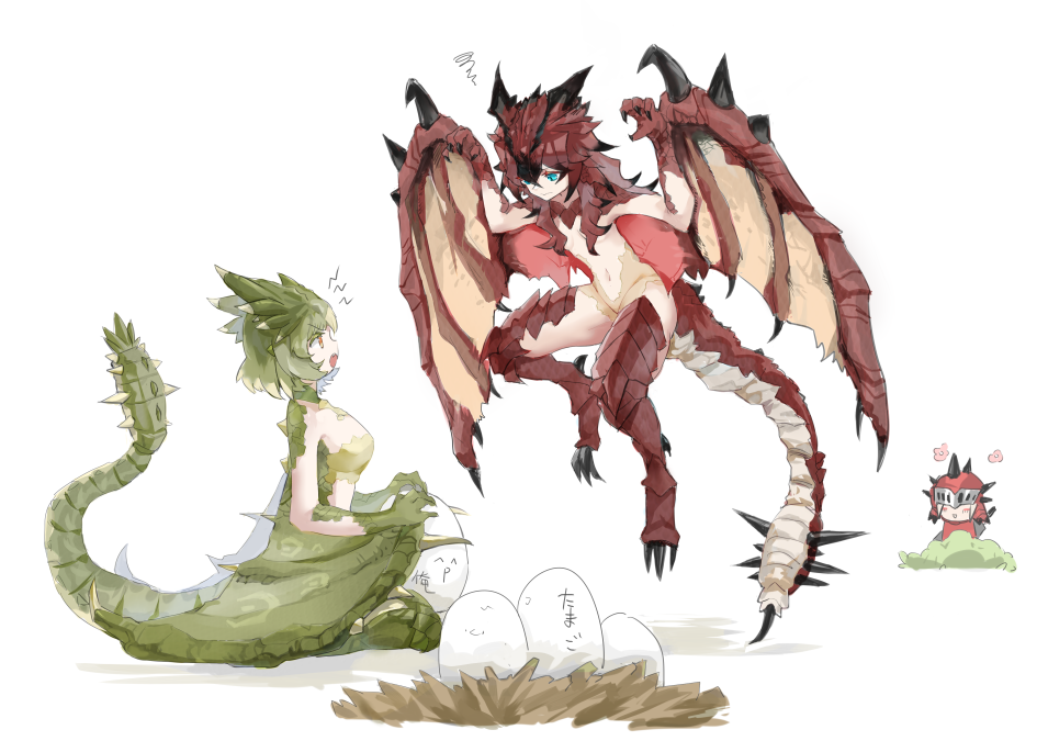 1boy 2girls dragon_girl dragon_horns egg green_hair horns knight monster_girl monster_hunter_(series) multiple_girls nest nude pan_neji rathalos rathian red_hair scales short_hair wings