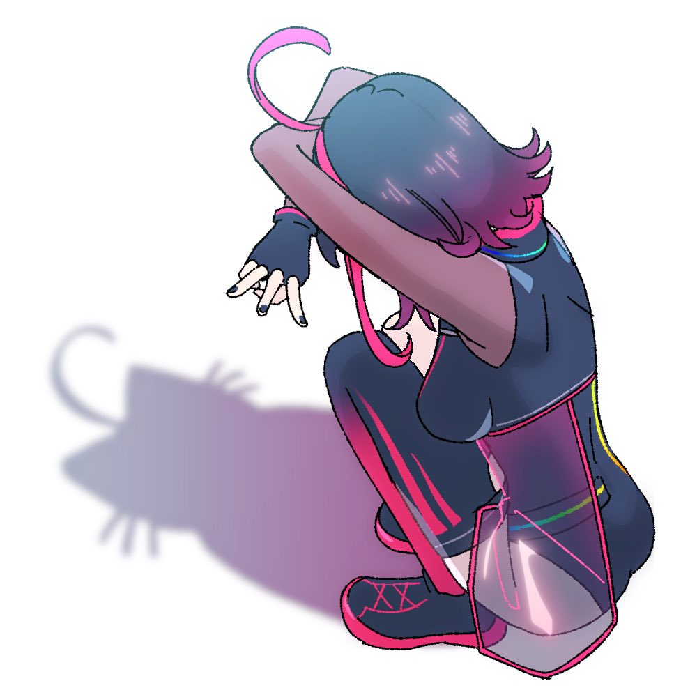 1girl ahoge black_gloves black_hair black_shoes bodystocking breasts cat_shadow_puppet_(meme) commentary different_shadow fingerless_gloves gloves gx_aura medium_breasts meme multicolored_hair opera_gx red_hair second-party_source shadow shoes short_hair solo squatting streaked_hair symbol-only_commentary virtual_youtuber yunare