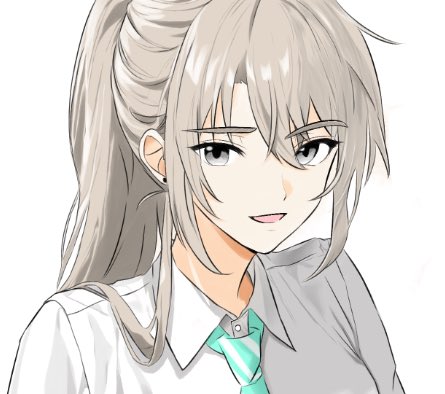 1girl blue_necktie collared_shirt commentary diagonal-striped_clothes diagonal-striped_necktie dress_shirt girls_band_cry grey_eyes grey_hair hair_between_eyes kawaragi_momoka long_hair lowres momokan_1209 necktie open_mouth ponytail portrait school_uniform shirt sidelocks simple_background solo striped_clothes white_background white_shirt