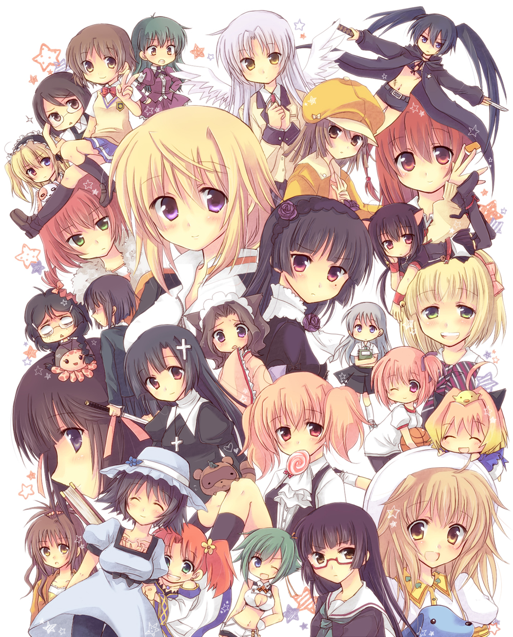00s 10s 6+girls :d ;d angel_beats! annotated ao_no_exorcist aquarion_(series) aquarion_evol bakemonogatari black_hair black_rock_shooter black_rock_shooter_(character) blonde_hair blue_eyes boku_wa_tomodachi_ga_sukunai breasts brown_eyes brown_hair candy charlotte_dunois chiaki_kurihara clara_(kuragehime) crossover darker_than_black dog_days durarara!! food fractale glasses gokou_ruri green_eyes green_hair hanato_kobato hanazawa_kana hasegawa_kobato hat heterochromia highres hyuuga_mahiru infinite_stratos inu_x_boku_ss ioryogi jellyfish kajiwara_sora kami_nomi_zo_shiru_sekai kaminagi_ryouko kamisama_dolls kannagi katana kobato. kuragehime kurashita_tsukimi kyouran_kazoku_nikki lollipop long_hair matsumi_kuro medium_breasts midarezaki_yuuka minato_tomoka miniskirt_pirates miyata_(miyatami07) mole mole_under_eye monogatari_(series) moriyama_shiemi multicolored_hair multiple_crossover multiple_girls naruse_kozue nessa_(fractale) noir_vinocacao one_eye_closed open_mouth ore_no_imouto_ga_konna_ni_kawaii_wake_ga_nai otome_youkai_zakuro pink_eyes pink_hair potemayo potemayo_(character) purple_eyes red_eyes red_hair roromiya_karuta rou-kyuu-bu! saki_(manga) seikimatsu_occult_gakuin sengoku_nadeko shiina_mayuri shiomiya_shiori silver_hair sketchbook_full_colors small_breasts smile sonohara_anri steins;gate suou_pavlichenko susukihotaru sweater_vest swirl_lollipop sword tanuki tenshi_(angel_beats!) thighhighs to_love-ru voice_actor_connection watanuki_banri weapon wings wink yellow_eyes yuuki_mikan zange zegapain zessica_wong
