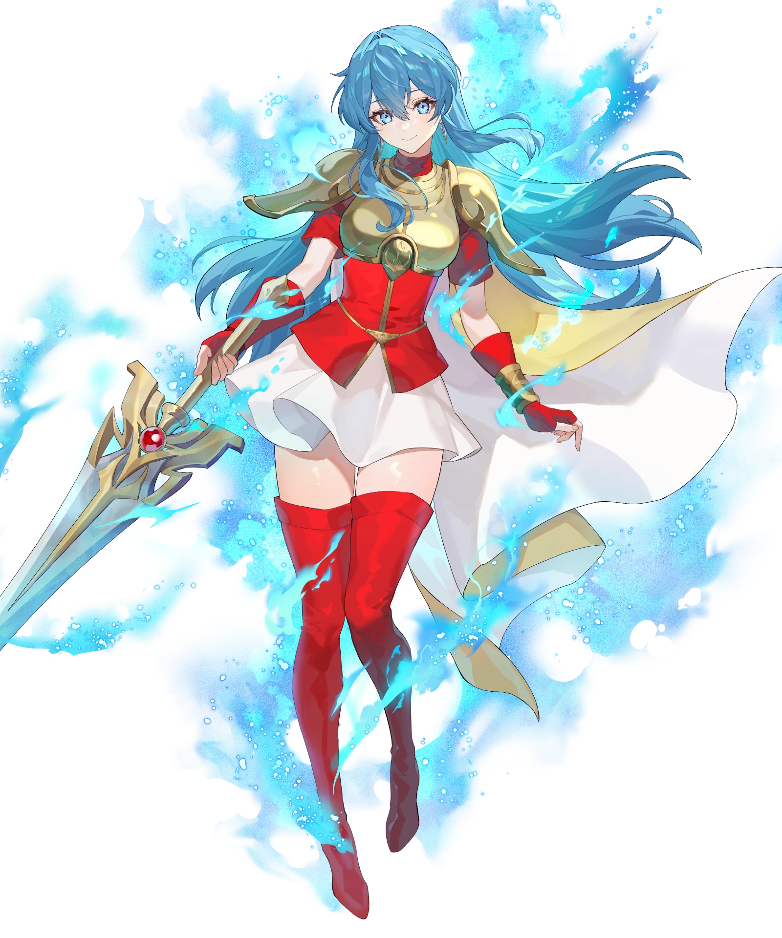 1girl aqua_eyes aqua_hair armor aura boots breastplate cape eirika_(emblem)_(fire_emblem) eirika_(fire_emblem) fingerless_gloves fire_emblem fire_emblem:_the_sacred_stones fire_emblem_engage fire_emblem_heroes gloves high_heel_boots high_heels highres holding holding_sword holding_weapon long_hair looking_at_viewer multicolored_cape nintendo non-web_source official_art red_gloves shoulder_pads skirt smile solo sword tachi-e teffish thigh_boots weapon white_cape white_skirt yellow_cape
