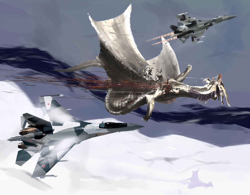 aerial_battle aircraft airplane bad_id bad_pixiv_id battle blood confin dragon fighter_jet flying injury military military_vehicle monster_hunter_(series) no_humans spirit_chiasma su-35 vehicle_focus