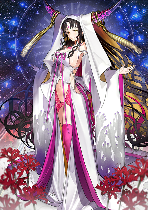 1girl back_bow bare_shoulders black_hair boots bow breasts closed_mouth clothing_cutout detached_sleeves earrings facial_mark fate/grand_order fate_(series) floating_hair flower forehead_mark full_body hand_up hands_up horn_ornament horns jewelry lace large_breasts lingerie long_hair long_sleeves looking_at_viewer multicolored_hair navel off_shoulder official_art outstretched_arms panties parted_bangs pink_boots pink_hair pink_panties pink_ribbon revealing_clothes ribbon sessyoin_kiara showgirl_skirt side_cutout sideboob sidelocks smile solo spaghetti_strap spider_lily standing stomach_cutout tassel thigh_boots third-party_source three_quarter_view train_(clothing) two-sided_fabric two-tone_hair underwear variant_set very_long_hair wada_arco white_sleeves wide_sleeves wimple yellow_eyes