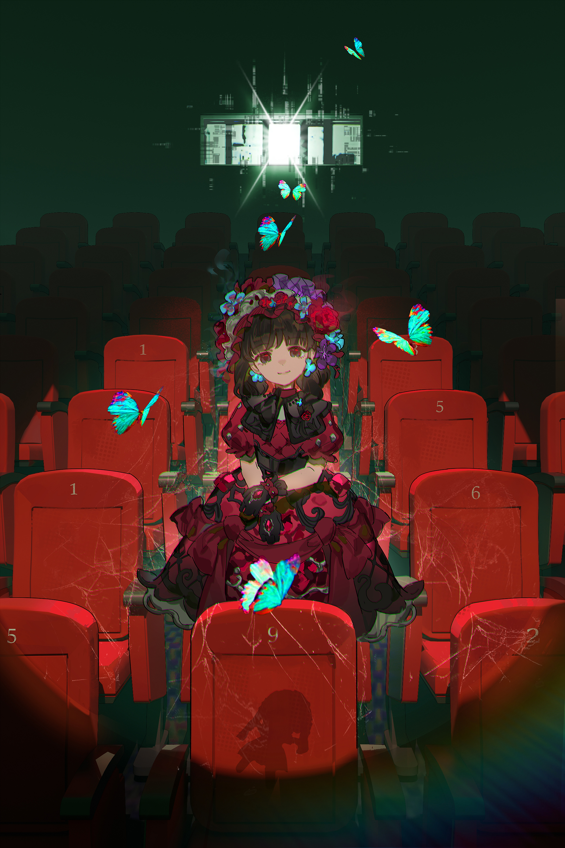1girl absurdres black_eyes black_gloves black_hair blue_flower bug butterfly chinese_commentary commentary_request dark dress flower frilled_dress frilled_hairband frills glint gloves hairband hand_on_own_wrist highres horror_(theme) identity_v indoors insect le_fu_qiu long_hair looking_at_viewer memory_(identity_v) memory_(miss_pomegranate_plate)_(identity_v) movie_theater puffy_short_sleeves puffy_sleeves purple_flower red_dress short_sleeves silk smile solo spider_web standing theater_seating window