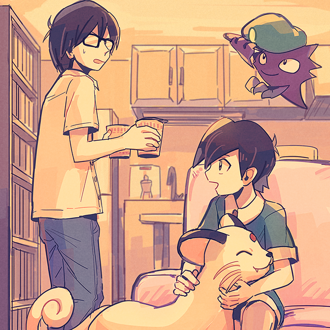 2boys black_hair bookshelf buttons camper_(pokemon) clothed_pokemon commentary_request couch cupboard faucet gen_1_pokemon glasses green_shirt green_shorts haunter holding indoors itome_(funori1) male_focus multiple_boys nintendo open_mouth pants persian pokemon pokemon_(creature) pokemon_gsc shirt short_hair short_sleeves shorts sitting smile standing super_nerd_(pokemon) sweatdrop