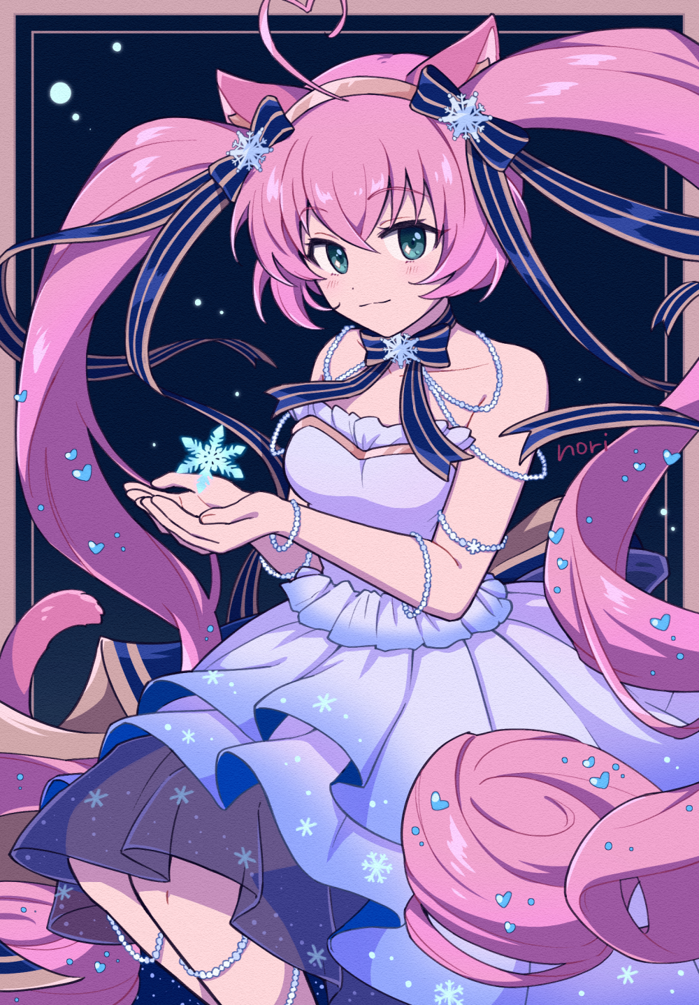 1girl ahoge alternate_costume animal_ears aqua_eyes bare_shoulders blue_background blue_choker bodice border bow bow_choker bracelet cat_ears cat_girl cat_tail chiyo_nori choker collarbone feet_out_of_frame from_side hair_bow hair_ornament hairband heart heart_ahoge heart_hair_ornament highres jewelry layered_skirt long_hair looking_at_viewer outside_border pearl_bracelet pink_border pink_hair pink_hairband rosia_(show_by_rock!!) see-through_clothes see-through_skirt show_by_rock!! signature skirt smile snowflake_print snowflakes solo tail twintails white_skirt