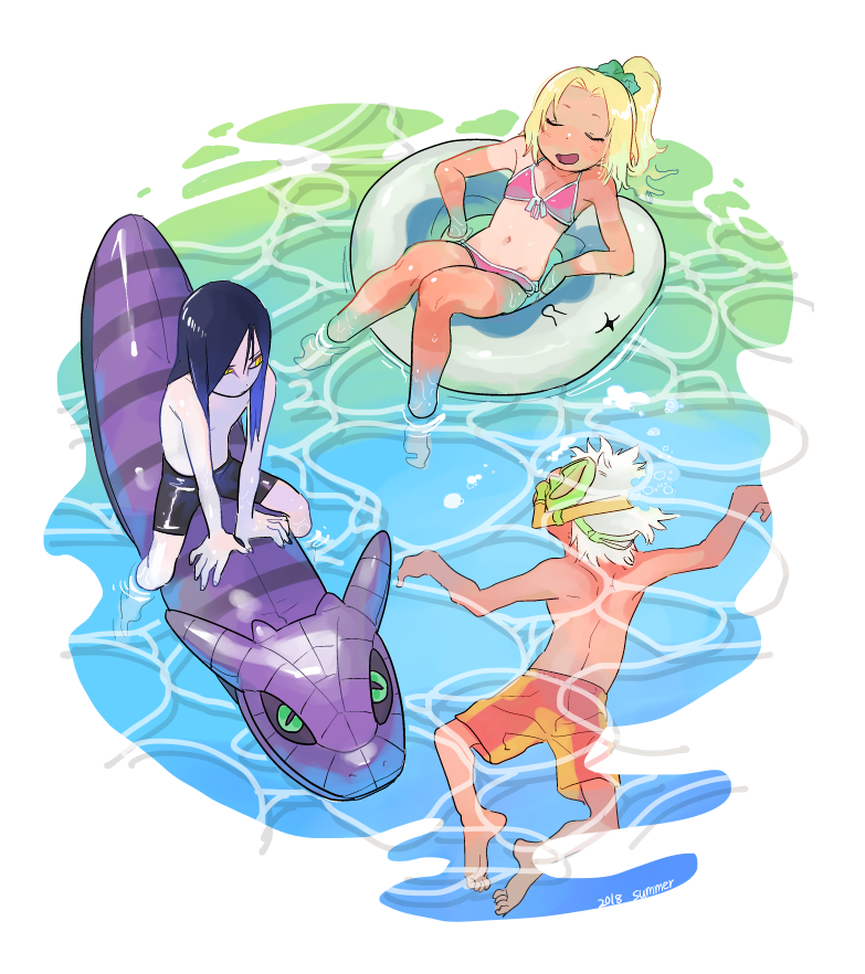 1girl afloat aged_down barefoot bikini blonde_hair goggles green_eyes hair_tied_up inflatable_animal innertube jiraiya_(naruto) katsuyu kutuyatti long_hair lounging male_swimwear manda_(naruto) multiple_boys naruto_(series) orochimaru_(naruto) pale_skin pervert slit_pupils snorkel swim_goggles swim_ring swim_trunks swimming swimsuit tan tanline tsunade_(naruto) water white_hair yellow_eyes