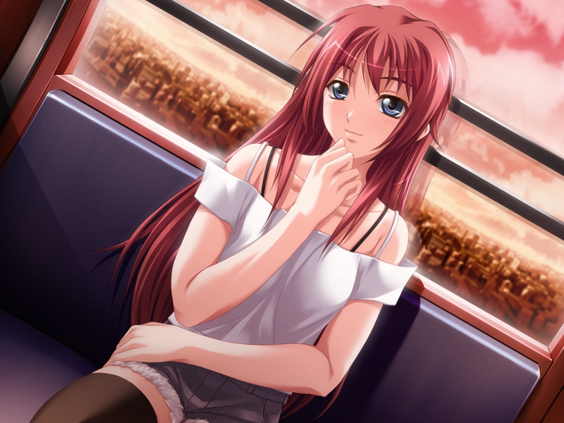 10s 1girl black_thighhighs blue_eyes blush cityscape cutoffs denim denim_shorts dutch_angle female_focus game_cg kuraki_hiro long_hair misaki_raika red_hair shorts sitting sky smile solo sunset thighhighs train train_interior very_long_hair wana_-hakudaku_mamire_no_houkago- window zettai_ryouiki