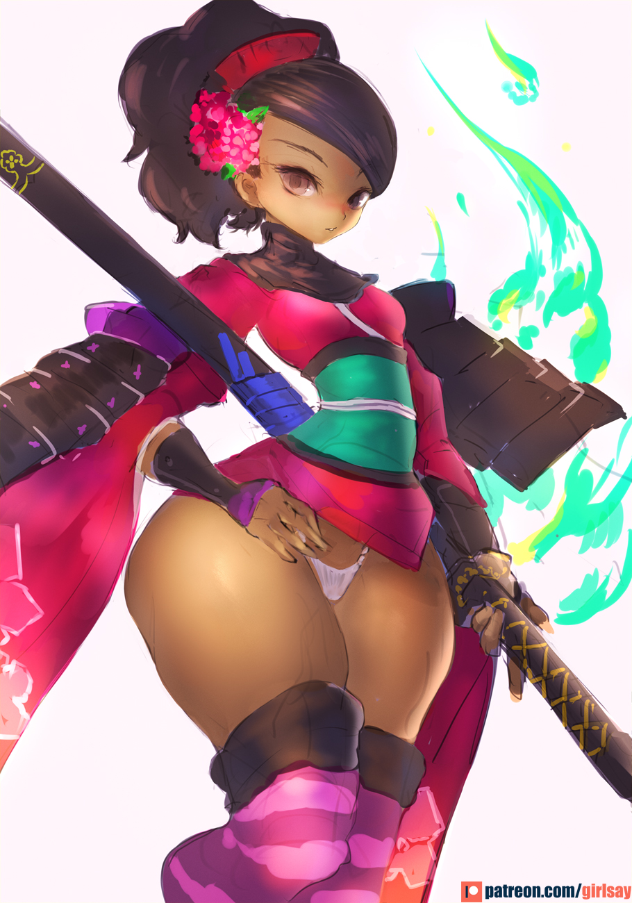 1girl ass comb female_focus flower girlsay hair_flower hair_ornament highres looking_at_viewer looking_to_the_side momohime oboro_muramasa purple_thighhighs red_eyes short_hair sketch solo thick_thighs thighhighs thighs wide_hips