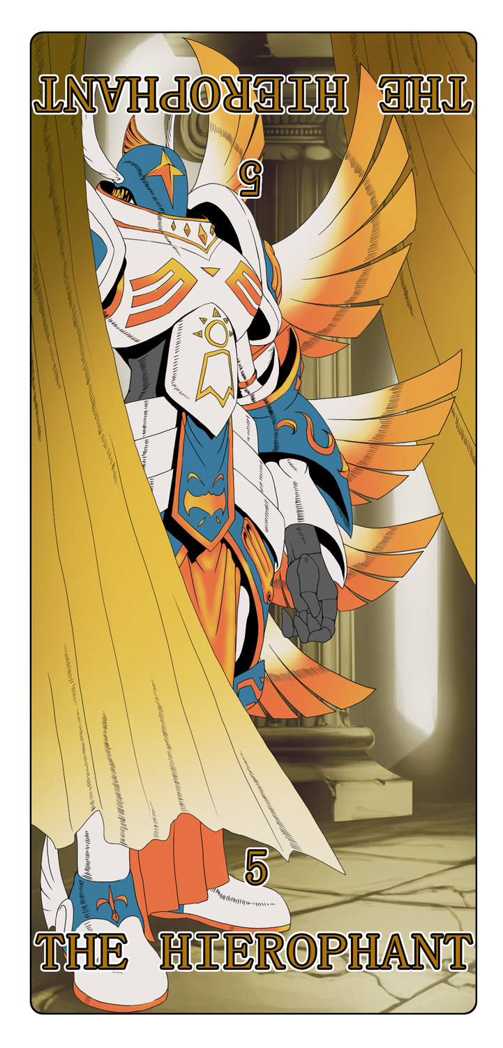 1boy angel angel_boy armor card digimon digimon_(creature) full_armor highres male_focus seraphimon solo tarot tarot_card the_hierophant_(tarot) wings