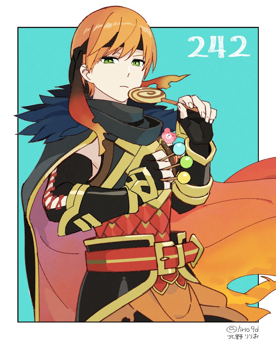1boy armor black_headband candy fire_emblem fire_emblem_awakening fire_emblem_heroes food gaius_(fire_emblem) gaius_(resplendent)_(fire_emblem) green_eyes headband kitano_ririo lollipop male_focus nintendo orange_hair scale_armor solo translation_request