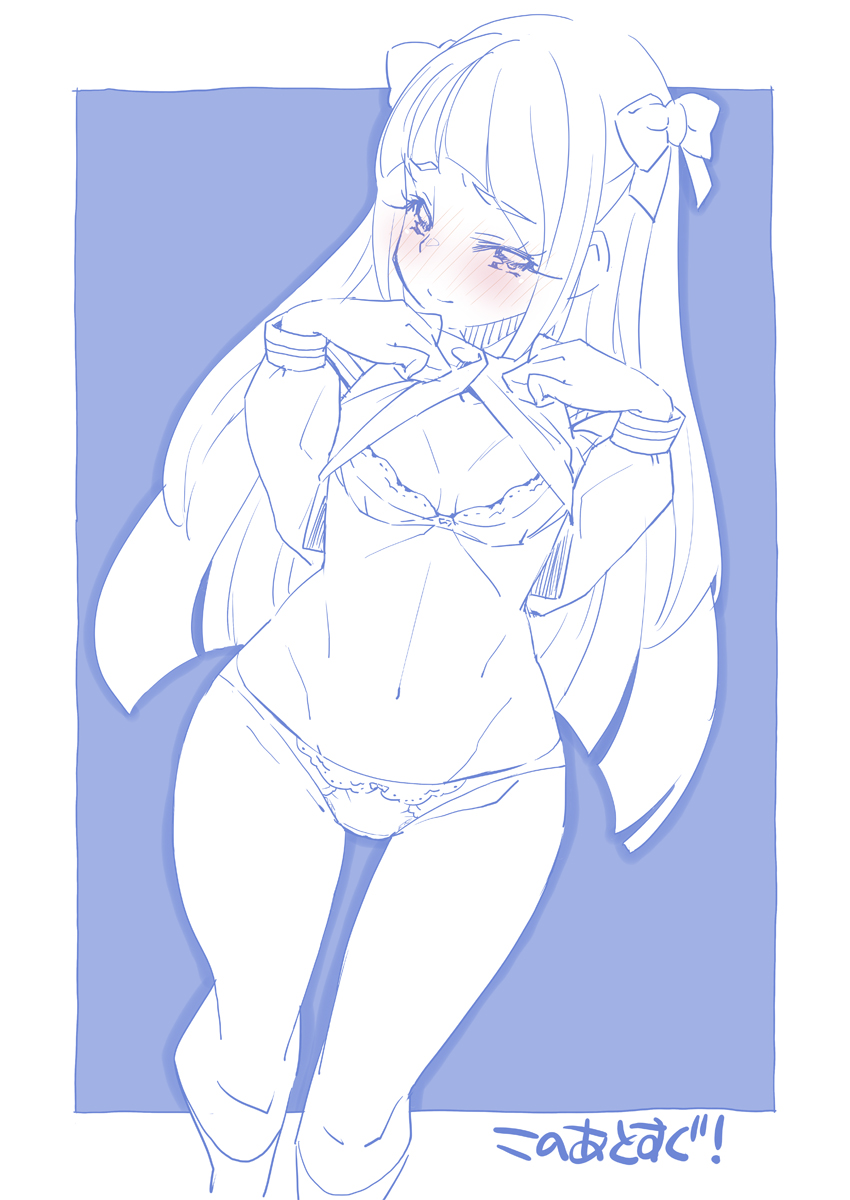1girl blouse blue_theme blush bow bow_panties bra breasts closed_mouth clothes_lift commentary crotch_seam hair_bow half-closed_eyes highres kaguya_madoka kneehighs lifting_own_clothes long_hair long_sleeves looking_at_viewer mihoshi_middle_school_uniform miyagoe_yoshitsuki monochrome navel no_pants panties precure school_uniform shirt shirt_lift small_breasts smile socks solo standing star_twinkle_precure translated underwear