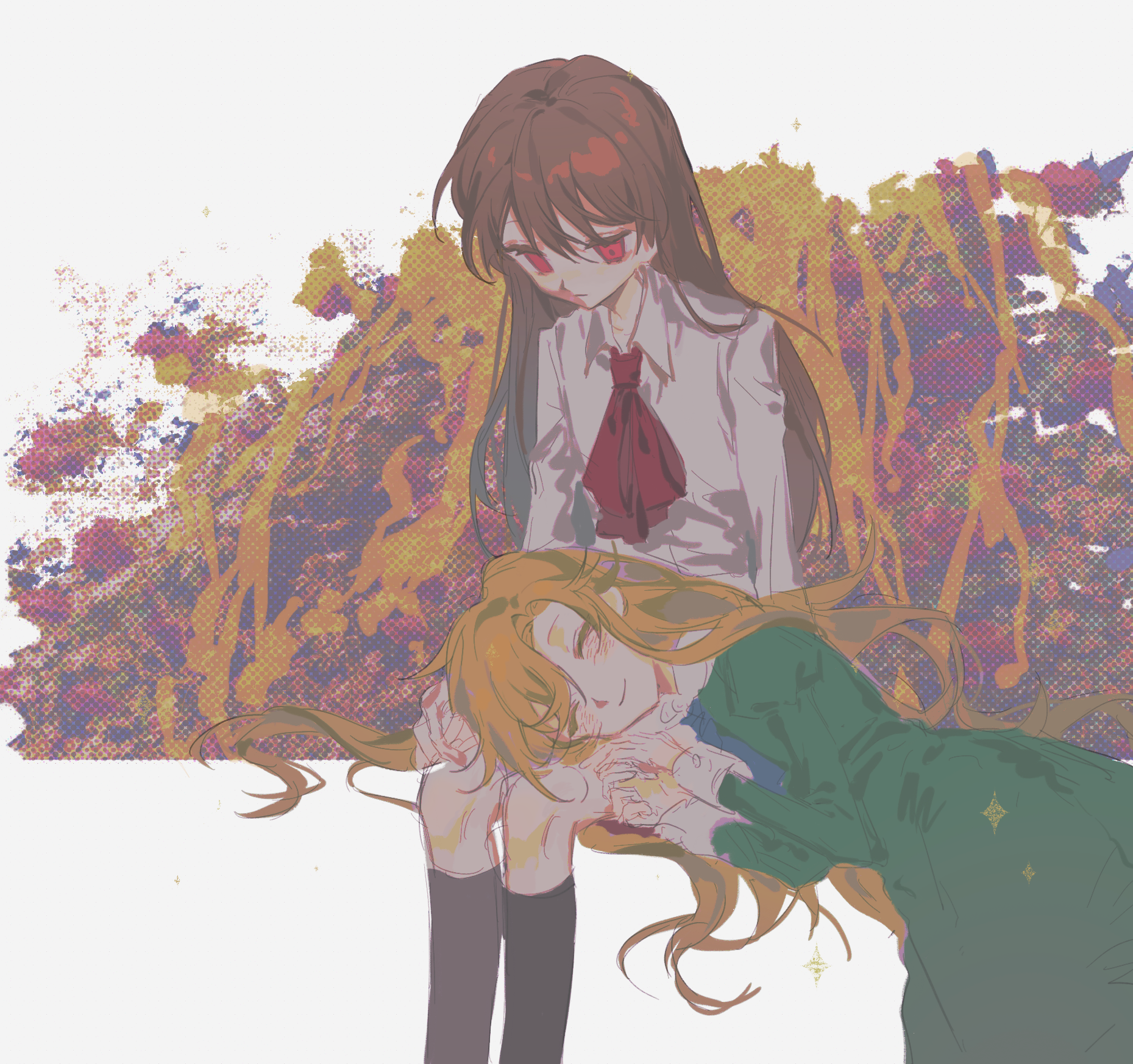 2girls ascot black_socks blonde_hair brown_hair chinese_commentary closed_eyes closed_mouth collared_shirt commentary_request dress expressionless green_dress highres ib_(ib) ib_(kouri) invisible_chair kneehighs lap_pillow long_hair mary_(ib) multiple_girls red_ascot red_eyes shengyiyi shirt sitting smile socks white_shirt