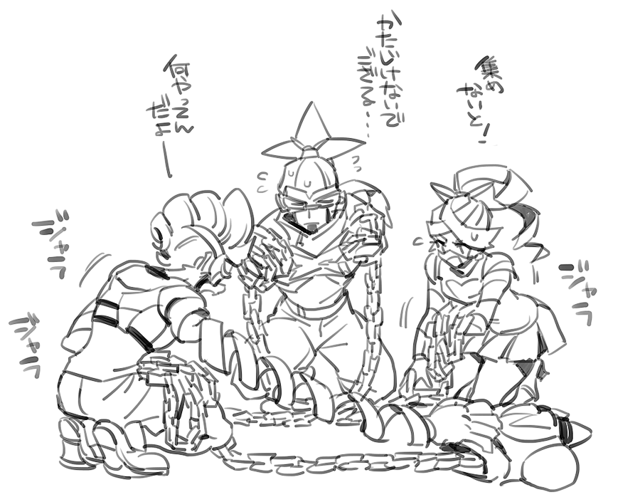 1girl 2boys arms_(game) bike_shorts chain closed_eyes flying_sweatdrops greyscale kneeling long_arms long_hair monochrome multiple_boys nekobayashi_(nekoforest) ninjara_(arms) nintendo pompadour ponytail ribbon_girl_(arms) shoes short_hair shorts skirt sneakers spring_man_(arms) squatting triblast_(arms)