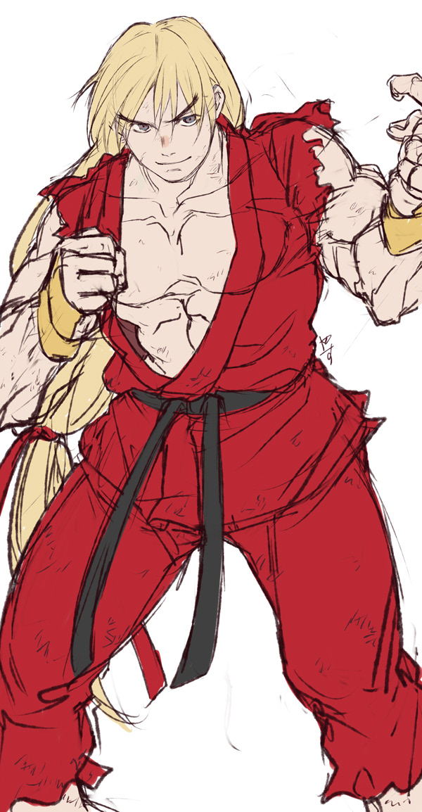 1boy abs belt black_belt blonde_hair closed_mouth commentary feet_out_of_frame fighting_stance grey_eyes japanese_clothes ken_masters kimono long_hair looking_at_viewer male_focus muscular muscular_male pants red_kimono red_pants rope_belt simple_background sketch solo standing street_fighter street_fighter_zero_(series) torn_clothes torn_kimono white_background yasunososaku